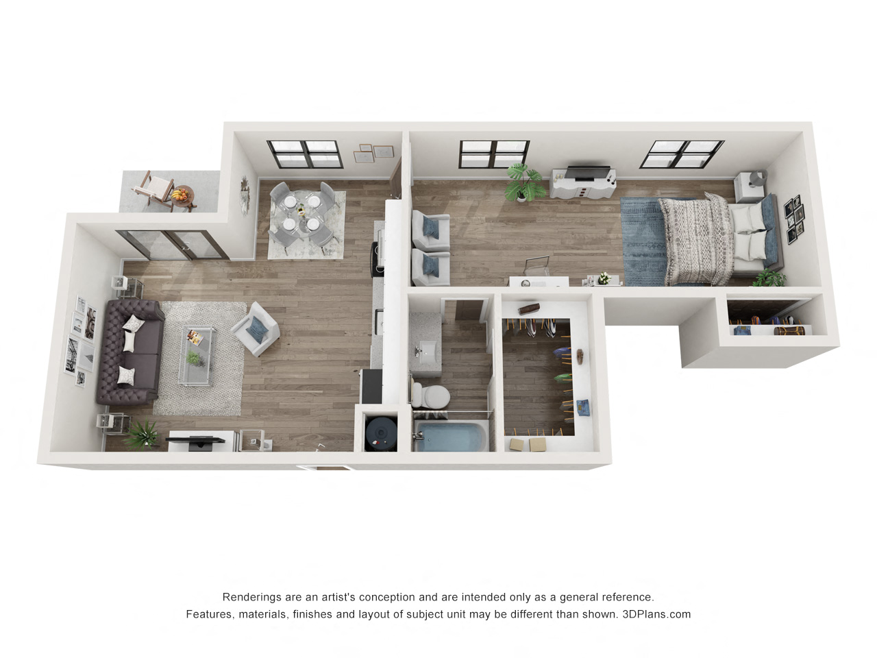 Floor plan for 1 bed, 1 bath, 716 sqft